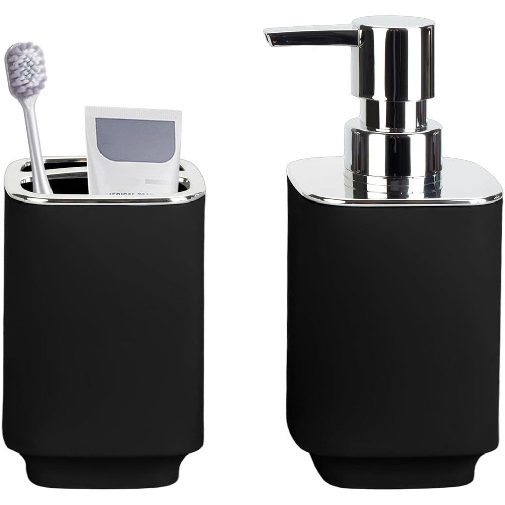 RRM Black Bathroom Accessories set showing the square soap dispenser and toothbrush holder front view on a countertop.
