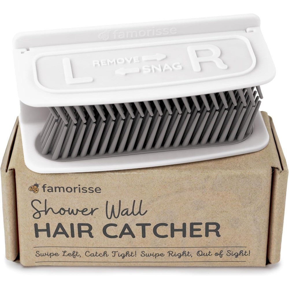 FAMORISSE Large Shower Wall Hair Catcher front view showcasing white silicone bristles for bathroom drain protection.