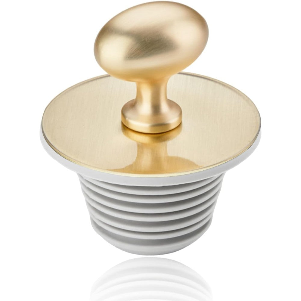 Generic gold bathtub drain stopper front view showing zinc alloy handle and rubber rings.