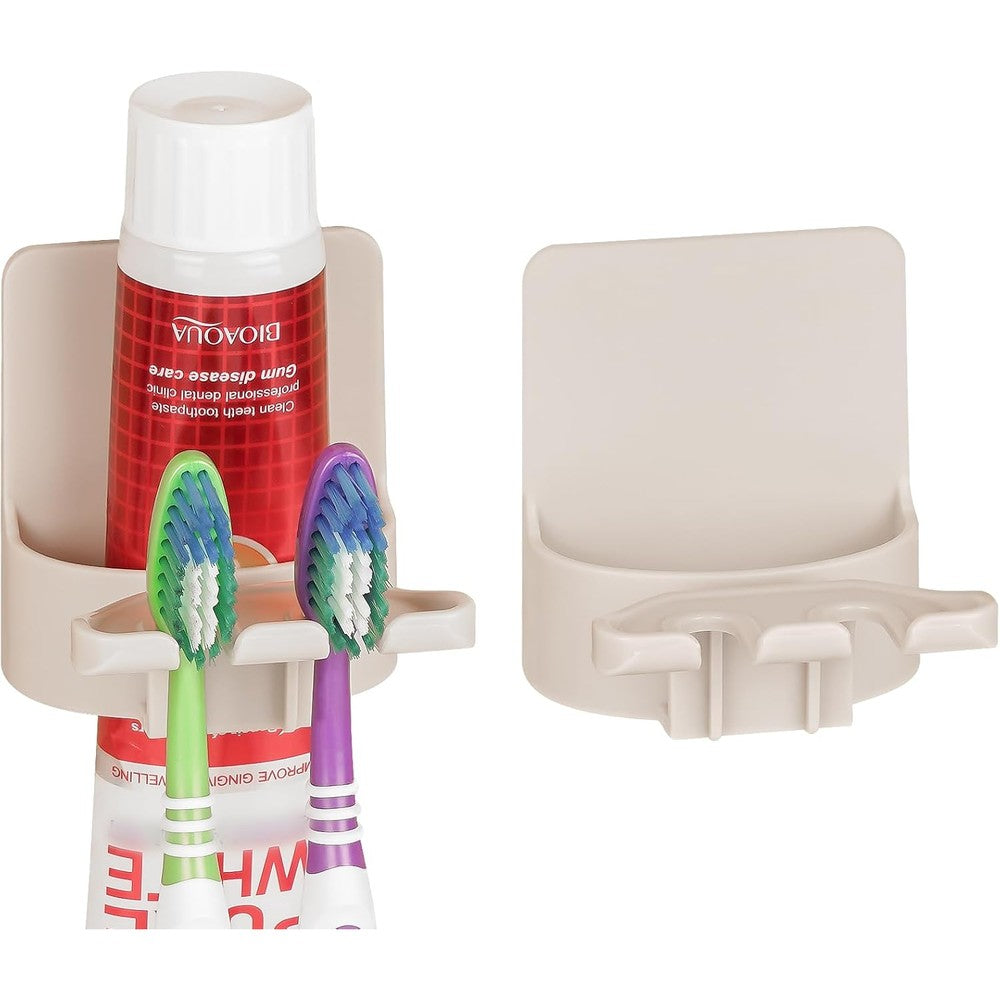 LUEXBOX self adhesive toothbrush holders front view showing 3 in 1 beige bathroom wall organizer setup.