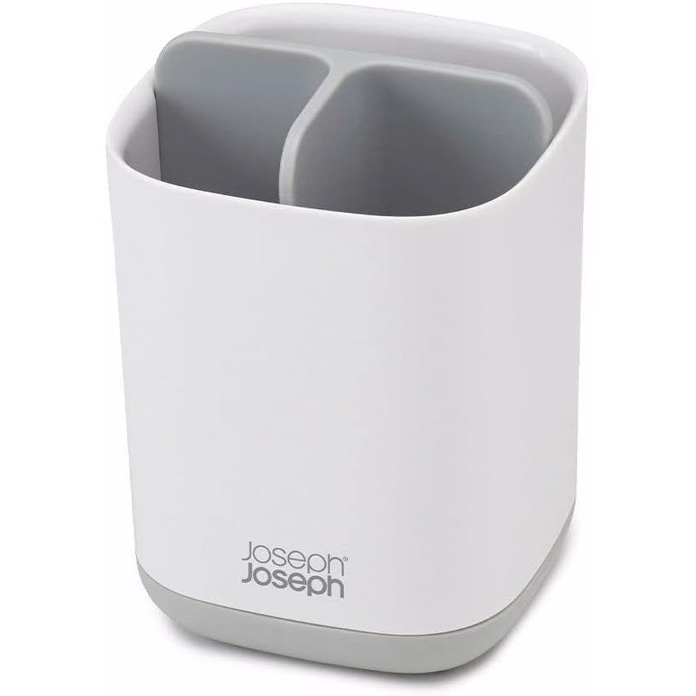 Joseph Joseph EasyStore compact toothbrush holder in grey and white front view for premium bathroom organization.