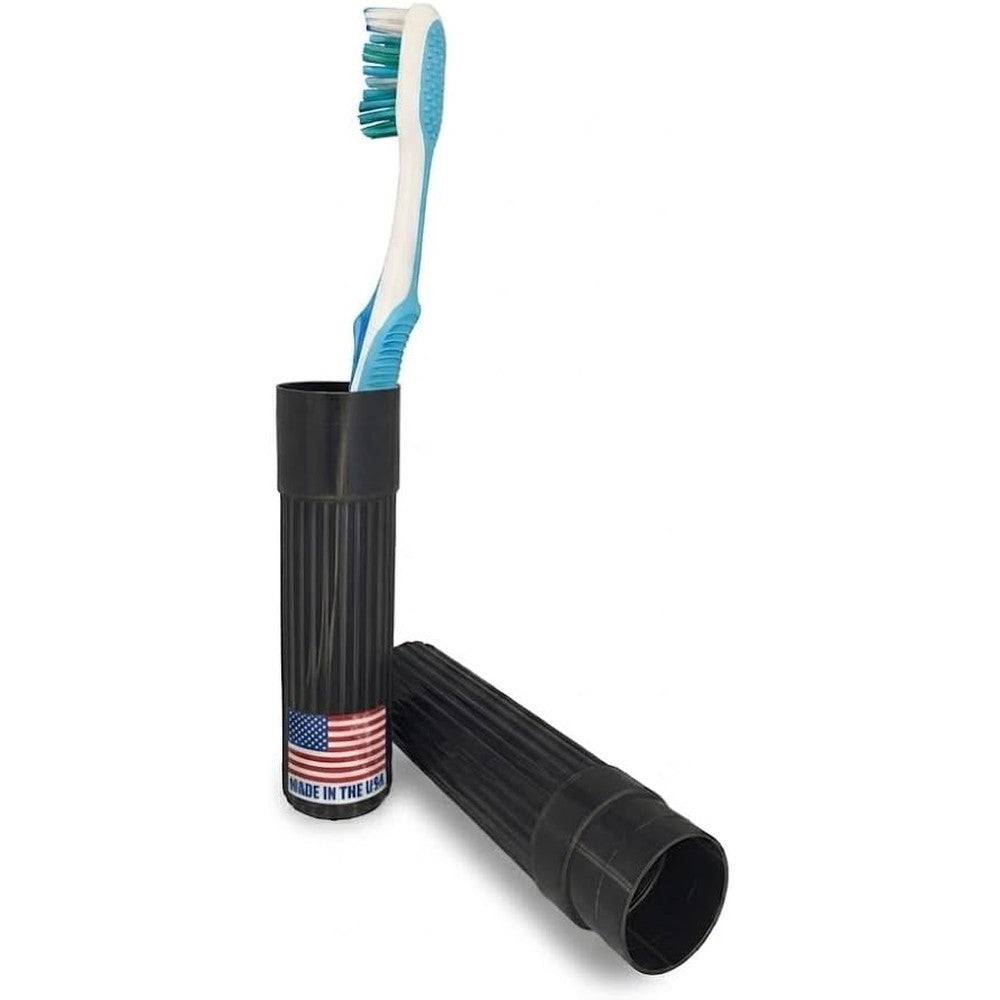 American Comb Toothbrush Holder Black front view displaying cylindrical heavy duty plastic design.