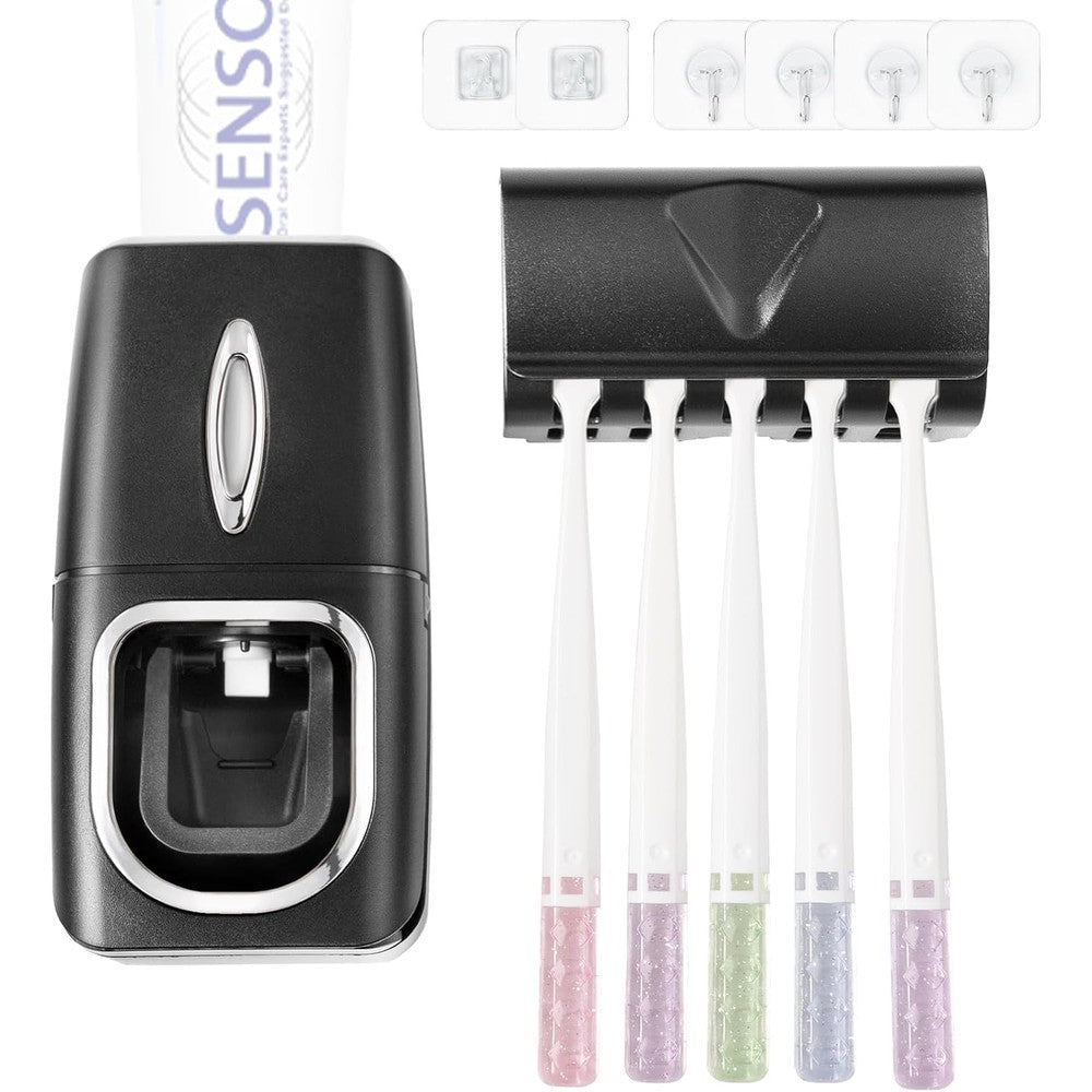 Ridgepole automatic toothbrush holder and toothpaste dispenser set front view in matte black finish