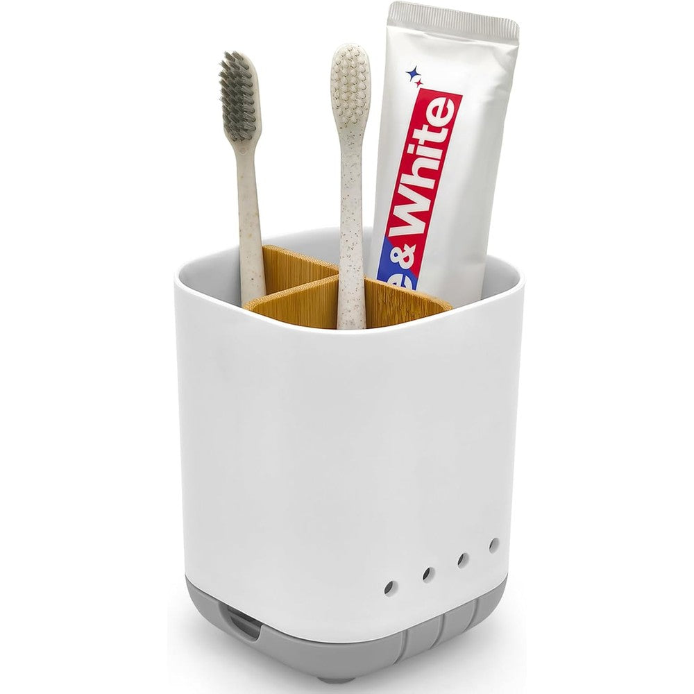 Scartink toothbrush holder with bamboo divider front view on a modern grey bathroom counter.