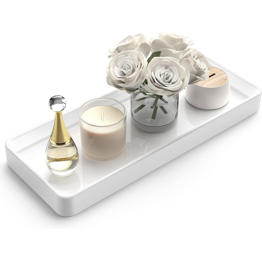 Gurygo porcelain countertop tray front view showing white rectangular design for bathroom organization