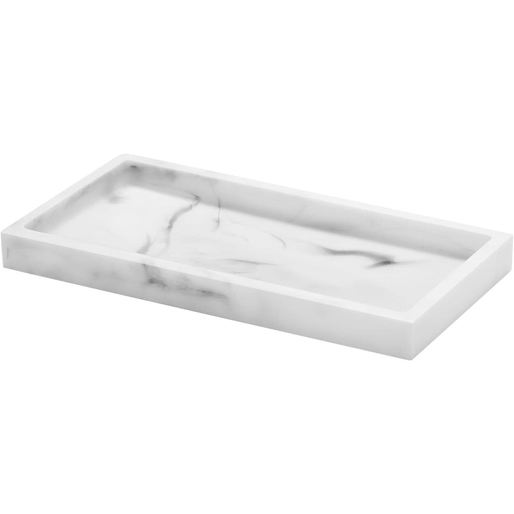 Luxspire white marble resin vanity tray front view for bathroom organization
