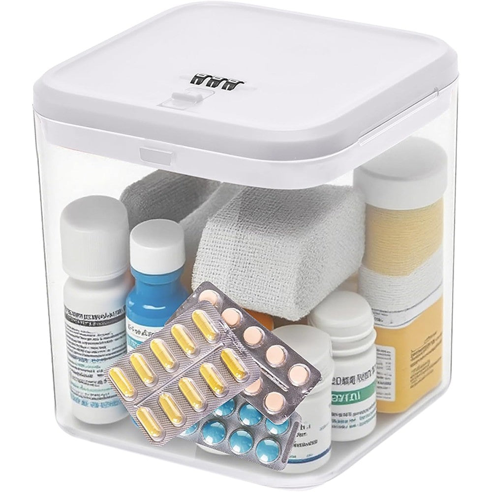 EMLTHORY clear medicine lock box front view containing medication bottles