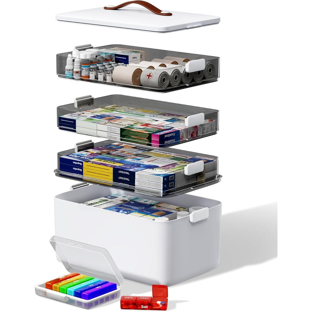 Funest 4-tier medicine storage box organizer front view with leather handle.