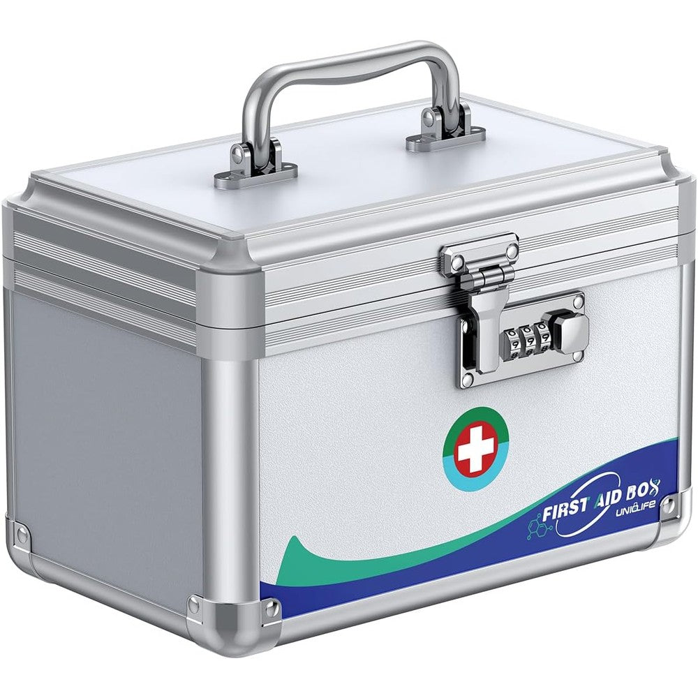 Uniclife medicine lock box front view showing silver aluminum frame and combination lock