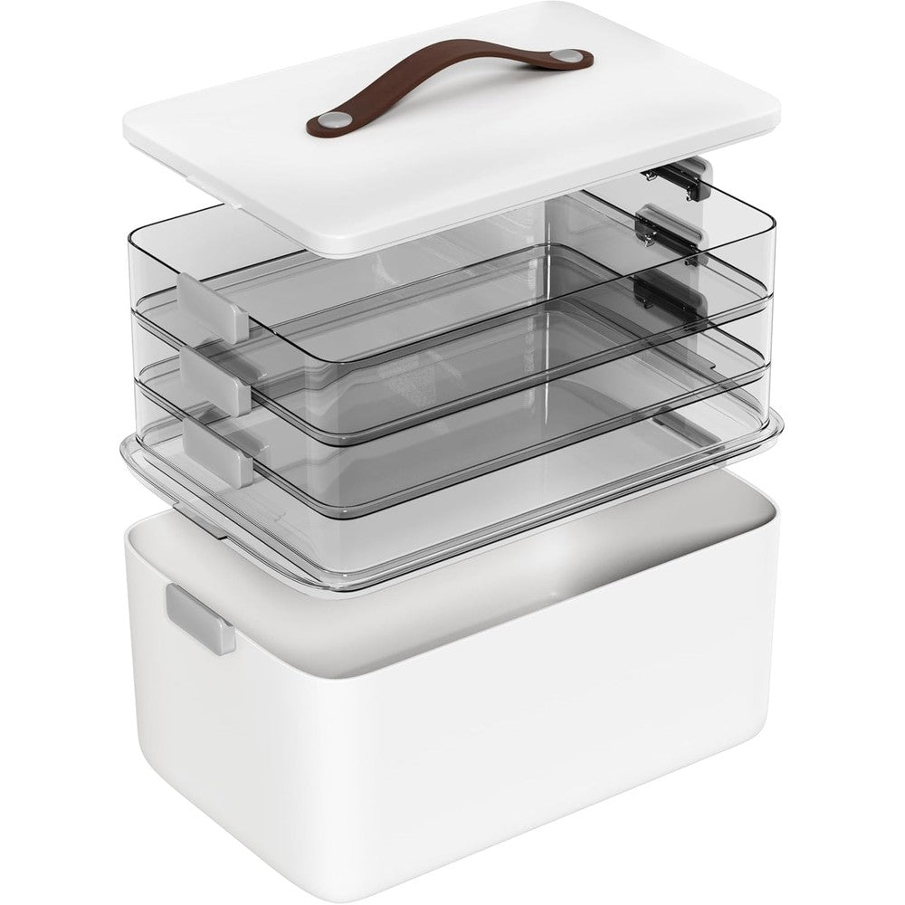 MOPALL 4-tier medicine organizer storage box front view displaying the layered translucent trays.