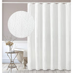 Gibelle white shower curtain front view showing 3D embossed textured fabric pattern in a modern bathroom.