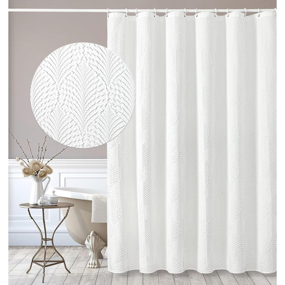 Gibelle white shower curtain front view showing 3D embossed textured fabric pattern in a modern bathroom.