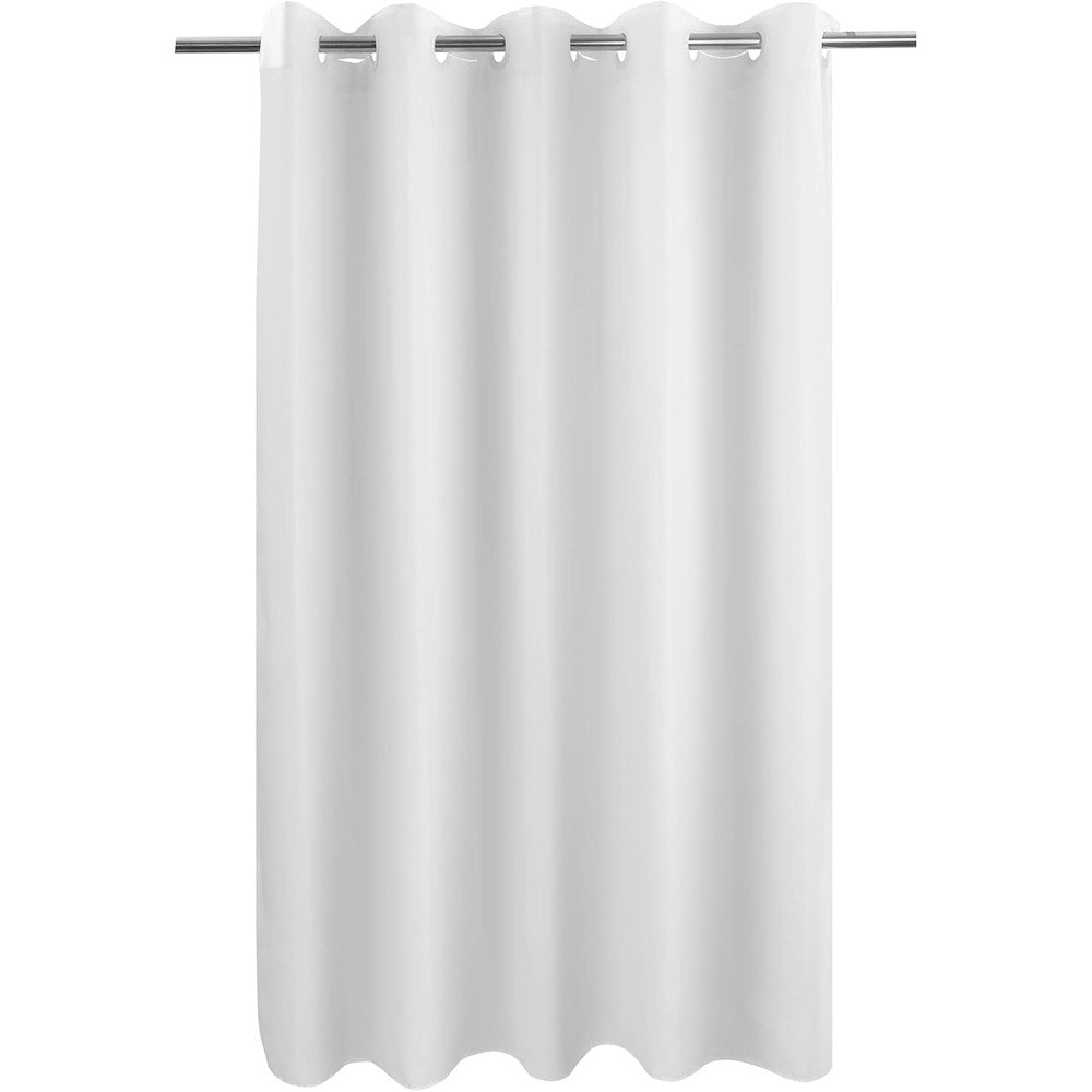River Dream no hook hotel cloth shower curtain front view hanging on a bathroom rod