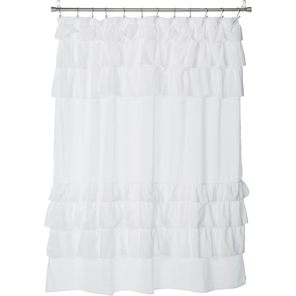 Madison Park Grace White Shower Curtain hanging in a brightly lit cottage style bathroom setup