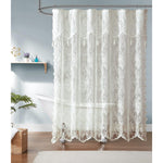 Warm Home Designs ivory lace shower curtain front view showing attached valance and tassels
