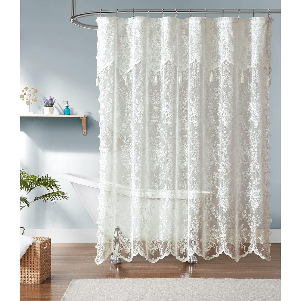 Warm Home Designs ivory lace shower curtain front view showing attached valance and tassels