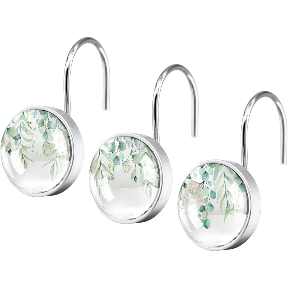 Kaira Sage Green Eucalyptus shower curtain hooks front view