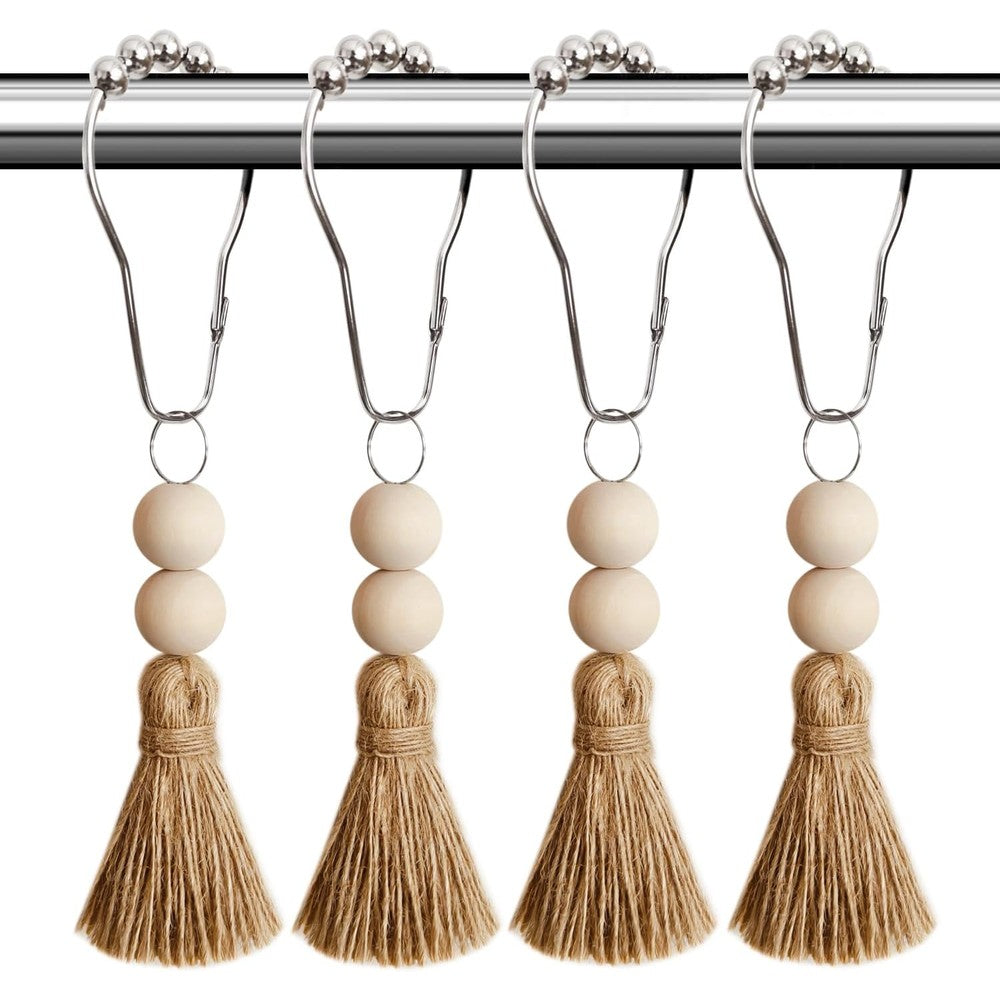 Chictie boho shower curtain hooks with wood beads and jute tassels front view