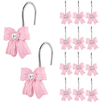Gifzaa decorative pink bow shower curtain hooks twelve piece set front view showing crystal heart detail.