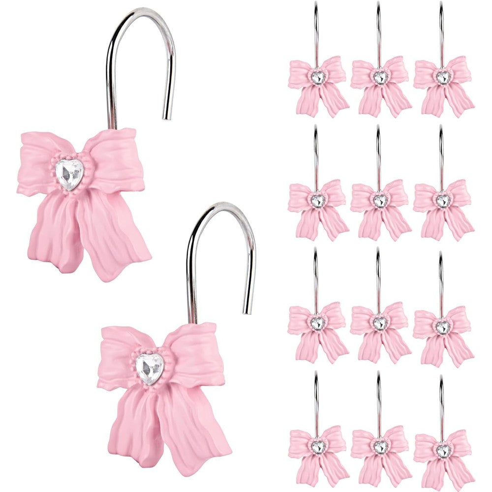 Gifzaa decorative pink bow shower curtain hooks twelve piece set front view showing crystal heart detail.