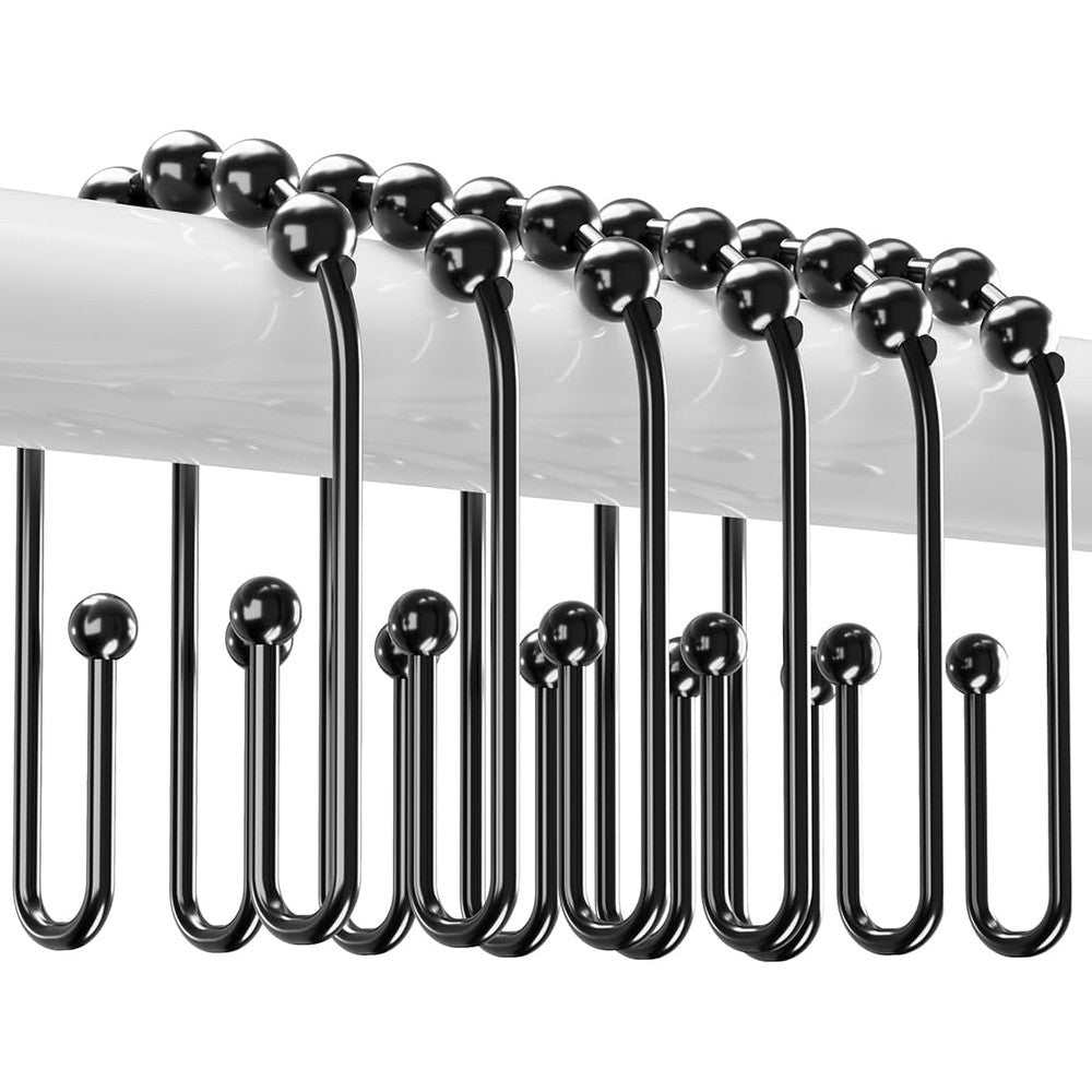 Resze U Shaped Double Glide Shower Curtain Hooks front view in black metal finish.
