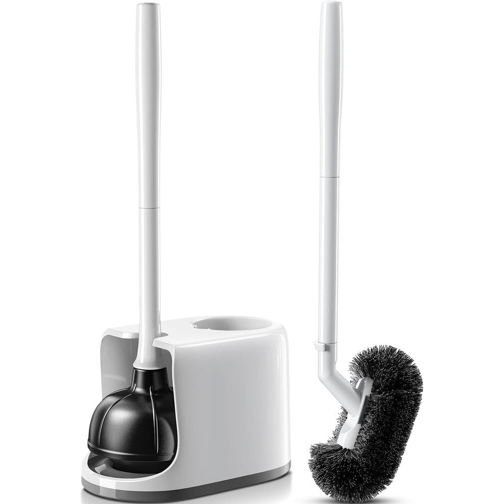 Hamitor toilet plunger and bowl brush combo set in white.