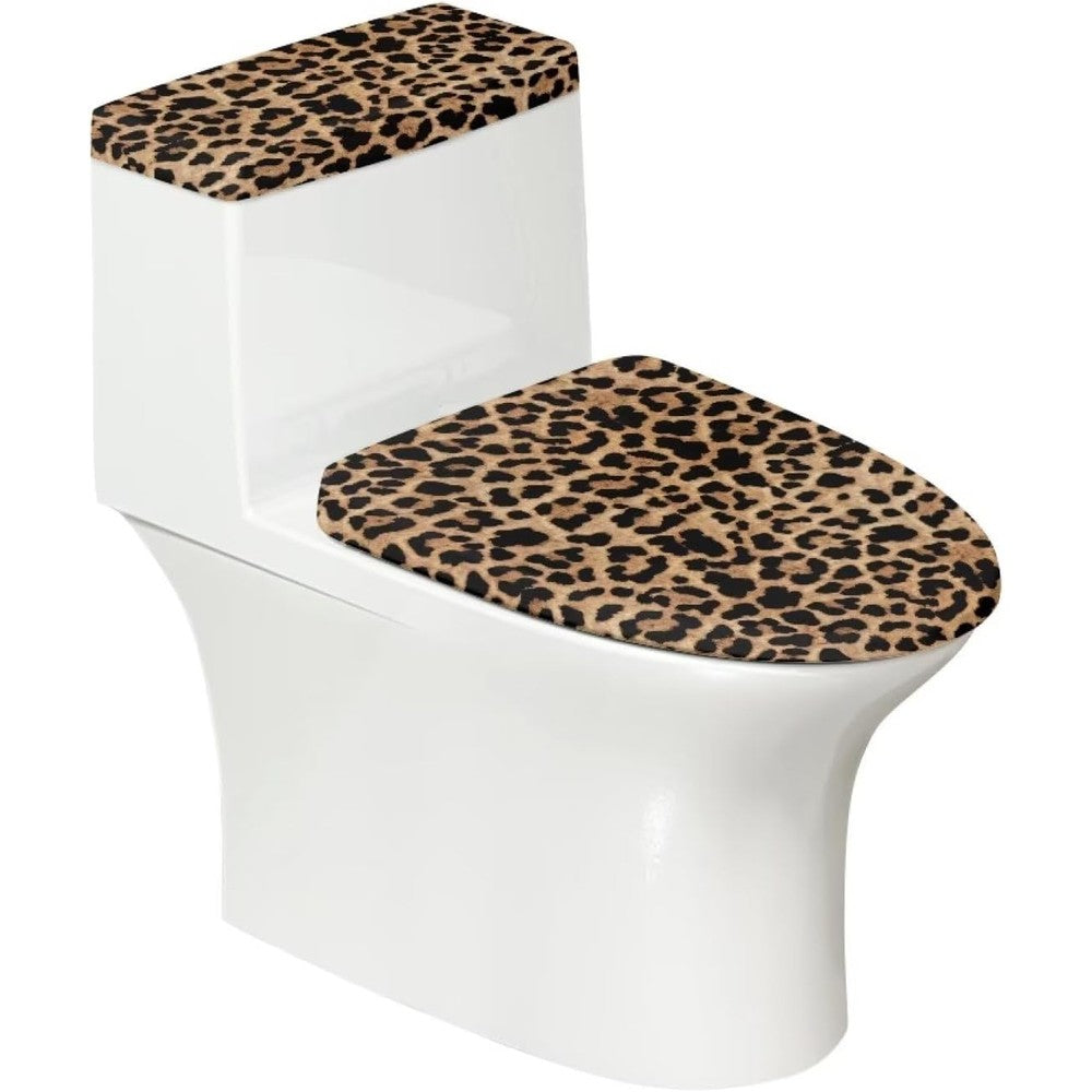 Kathyboom toilet lid cover and tank cover set front view in leopard print