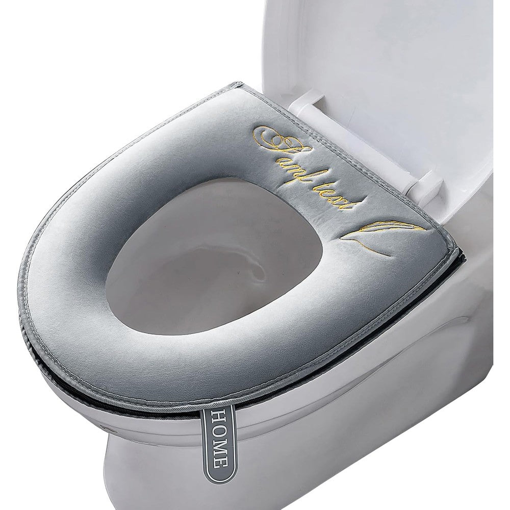 Timecity warmer toilet seat pads with zipper grey front view showcasing soft velvet texture.