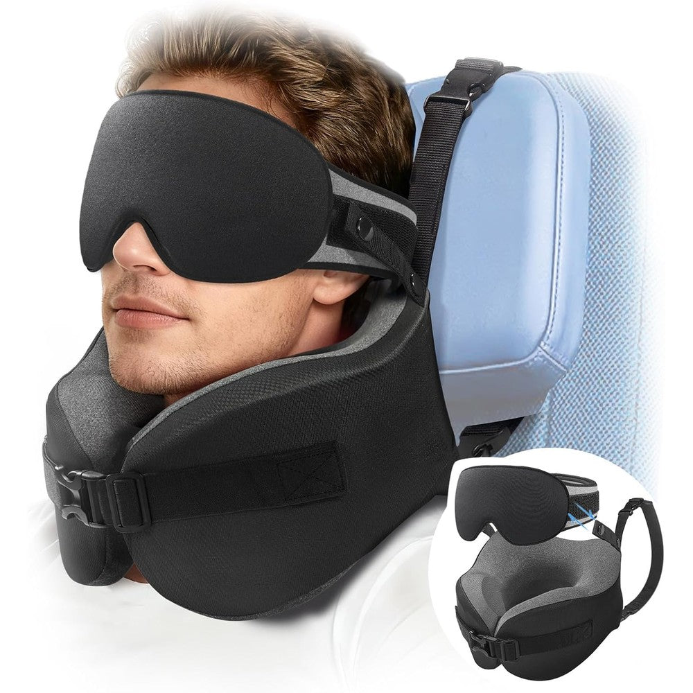 Yfong travel pillow with 3D eye mask and head strap combo front view