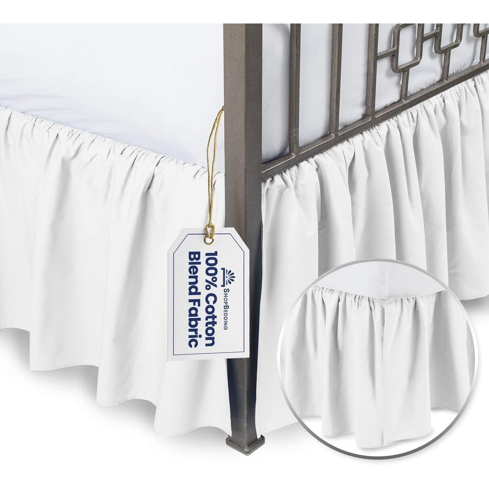 Blissford white ruffled queen bed skirt with split corners front view