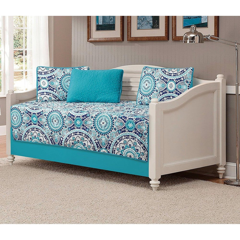 Linen Plus 5 Piece Floral Daybed Cover Set front view featuring turquoise and navy medallion pattern.