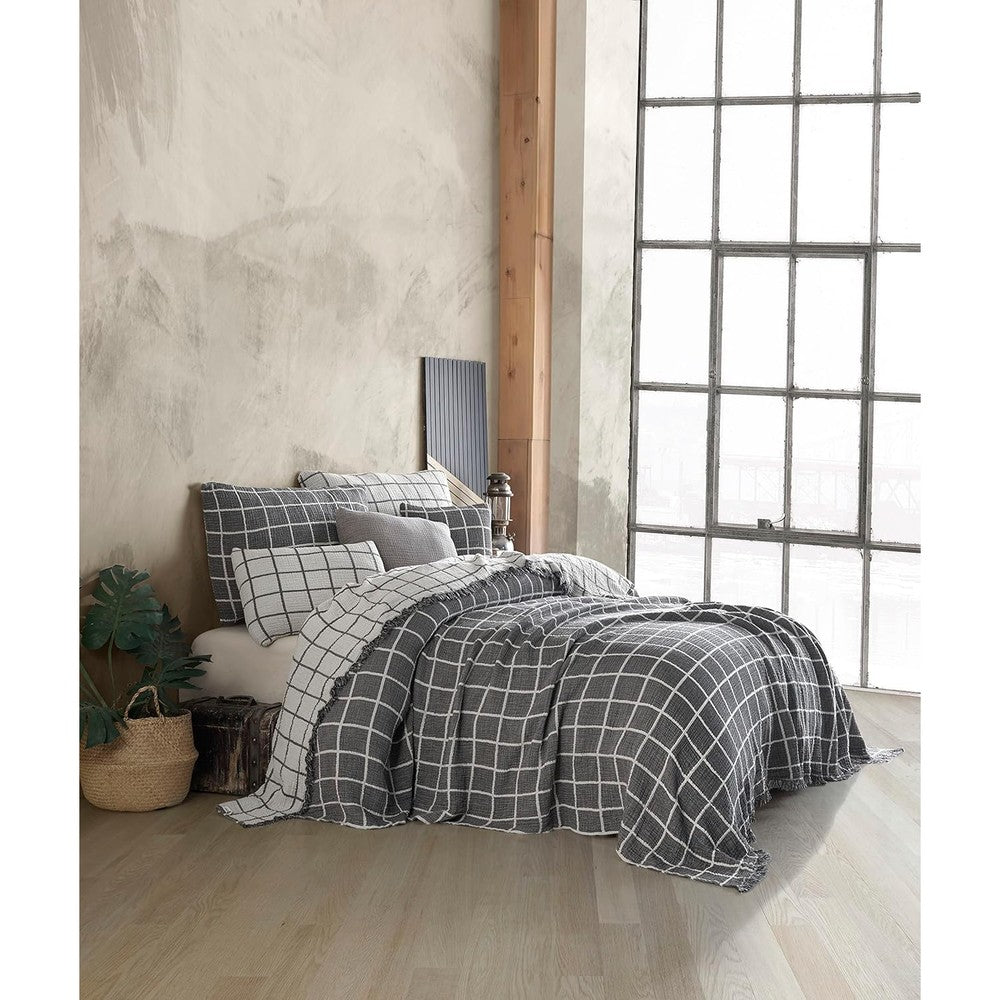 Handmade Bohemian 4-Layer Gauze Bedspread Only, 100% Cotton Muslin, Breathable Lightweight Coverlet, Dual Color Gray Windowpane Design, Oversize 100 × 120 Inches, Made in Turkey - Image 1