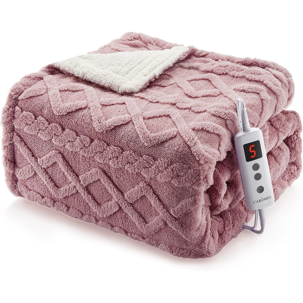 Caromio heated throw blanket in dusty pink with tufted Sherpa texture