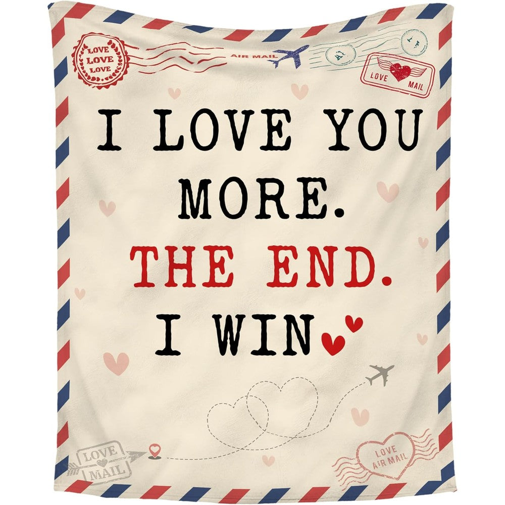 Wrapix I Love You More fleece throw blanket front view for couples