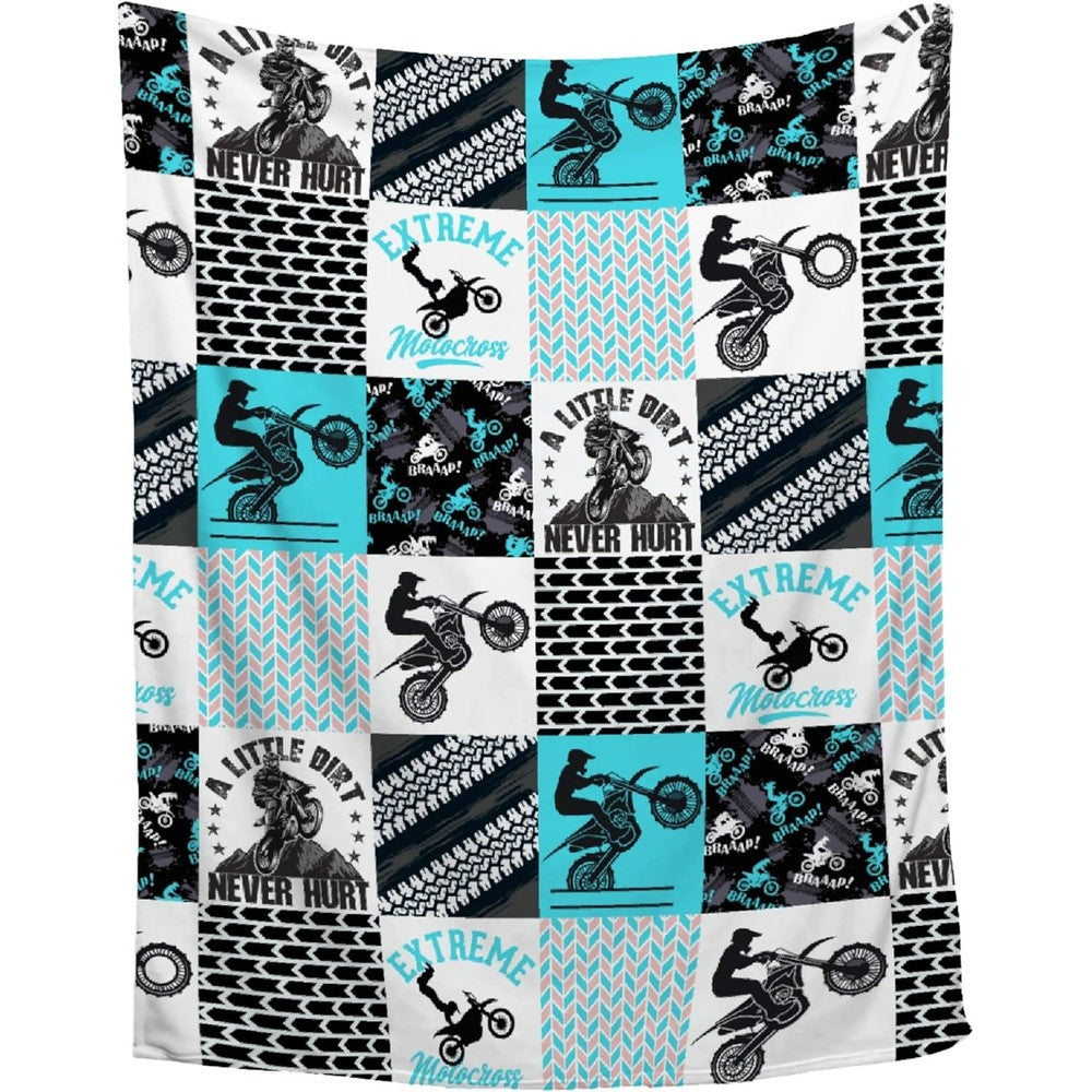 Zhongkui Dirt Bikes flannel blanket front view featuring blue and black motocross design