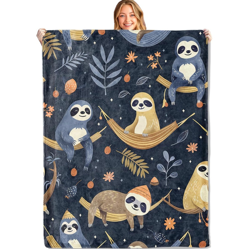 Miepos Cute Sloth Throw Blanket front view on a couch