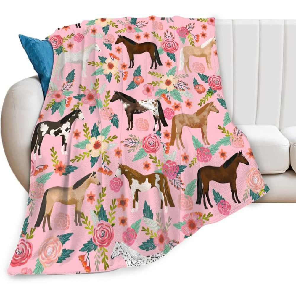 Lunepon horse and flower flannel throw blanket front view