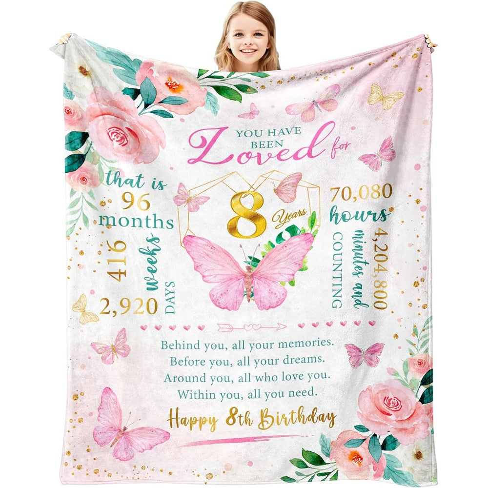 Vervehub 8 Year Old Girls Birthday Blanket front view with butterfly design