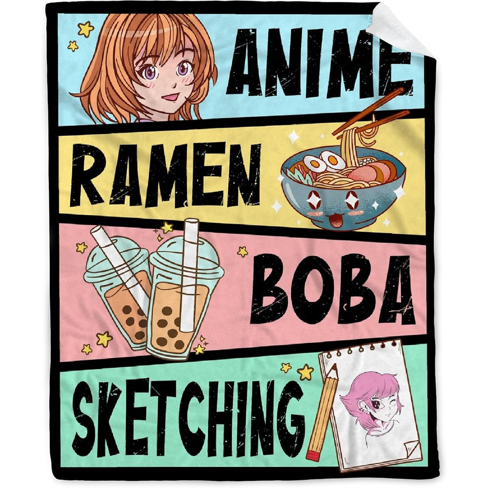 Aibileen Anime Ramen Boba flannel blanket folded on a bed