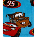 NoJo Disney Cars Radiator Springs toddler blanket featuring Lightning McQueen and Tow-Mater front view.