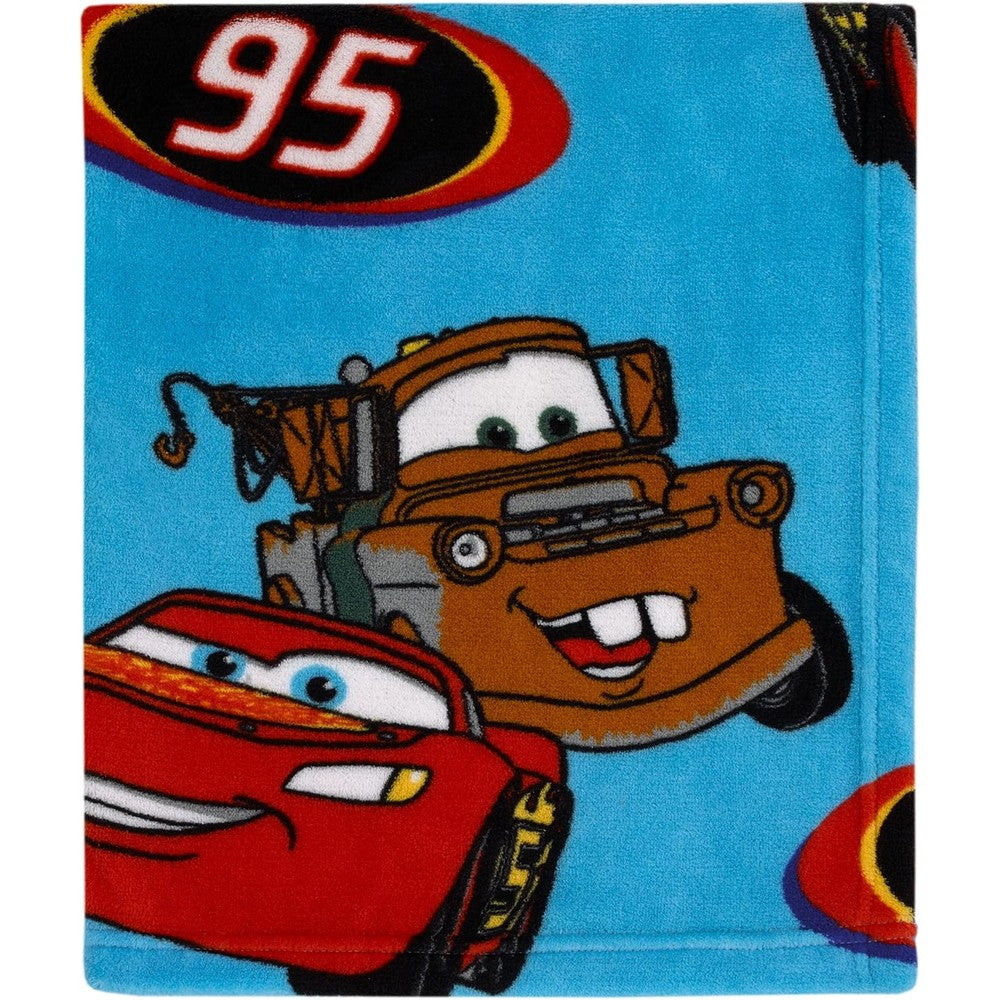 NoJo Disney Cars Radiator Springs toddler blanket featuring Lightning McQueen and Tow-Mater front view.
