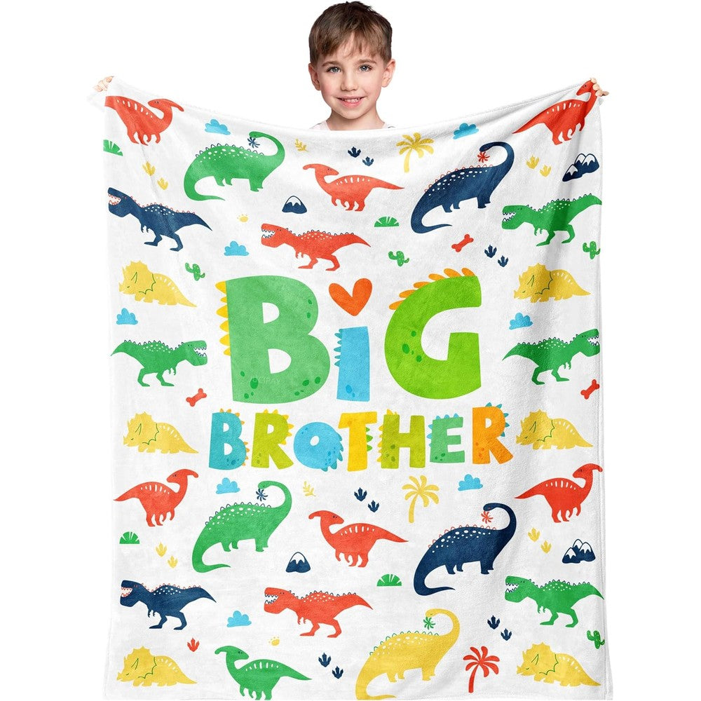 JUCIPAY big brother dinosaur blanket front view featuring colorful prehistoric pattern and sibling text.