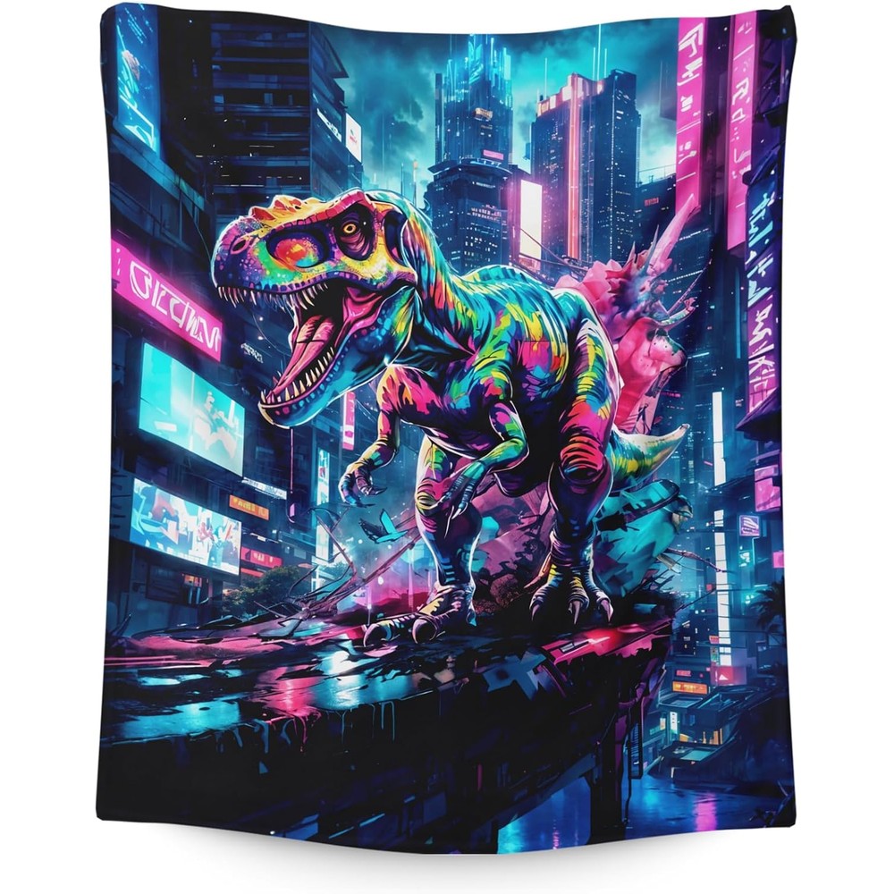 DREAMUGIFT dinosaur flannel kids throw blanket front view featuring vibrant neon cyberpunk T-Rex graphic print