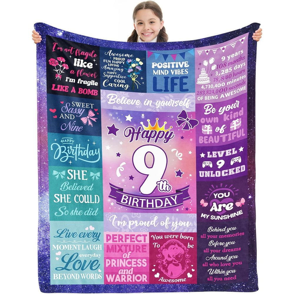 INXENG 9 year old girl birthday gifts throw blanket front view celebrating ninth milestone