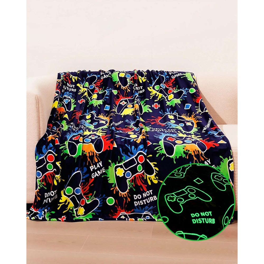 NuKuNsKf gaming gifts for gamer glow in the dark blanket front view showing glowing game controller design.