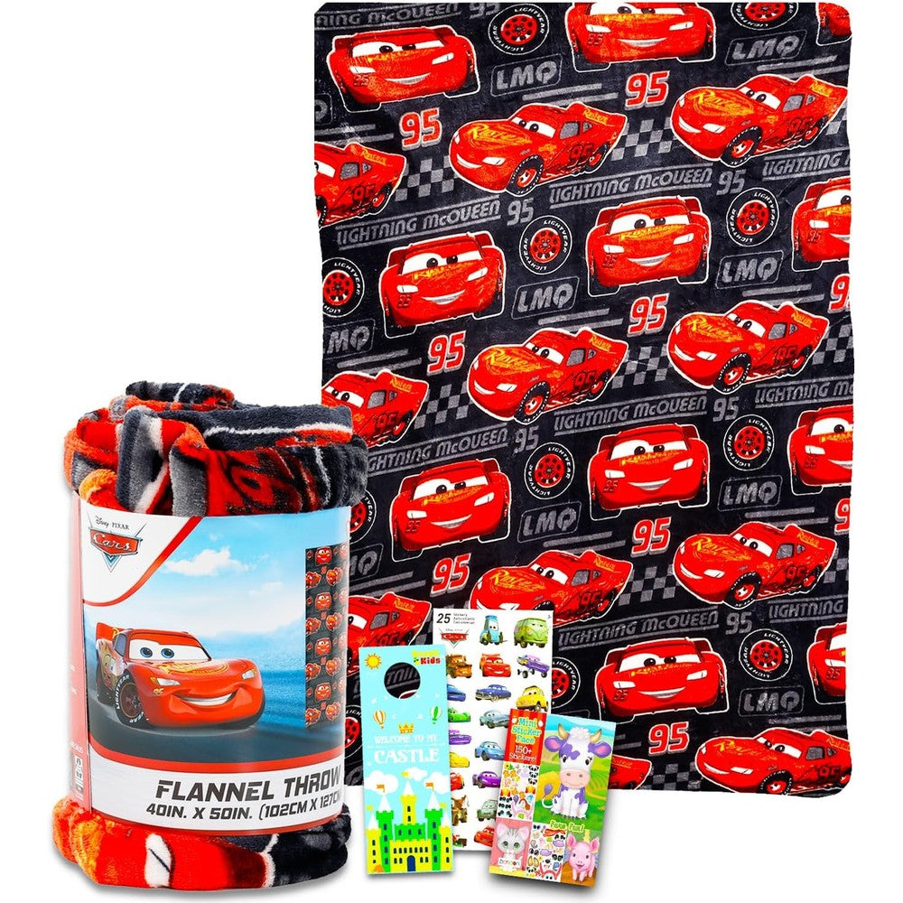 Disney Cars fleece blanket set front view showcasing Lightning McQueen graphic