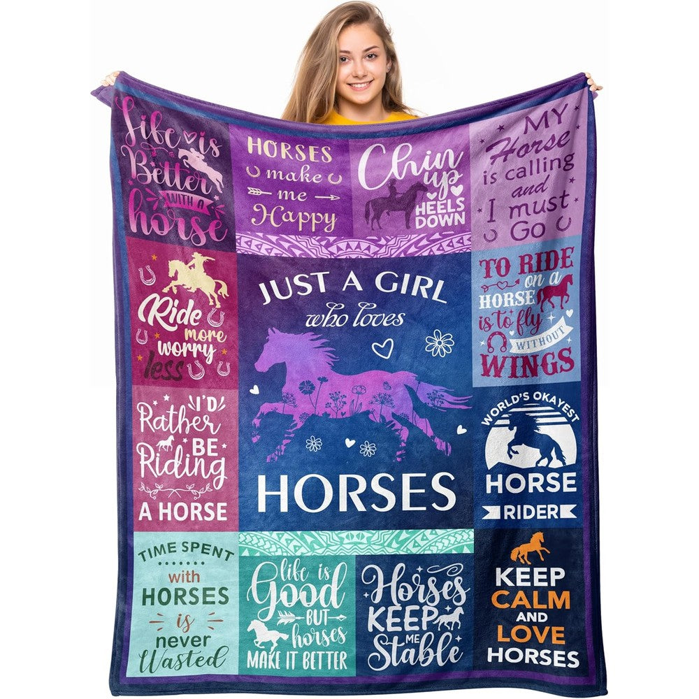 Loxezom horse throw blanket front view showing the purple equestrian design spread across a couch.
