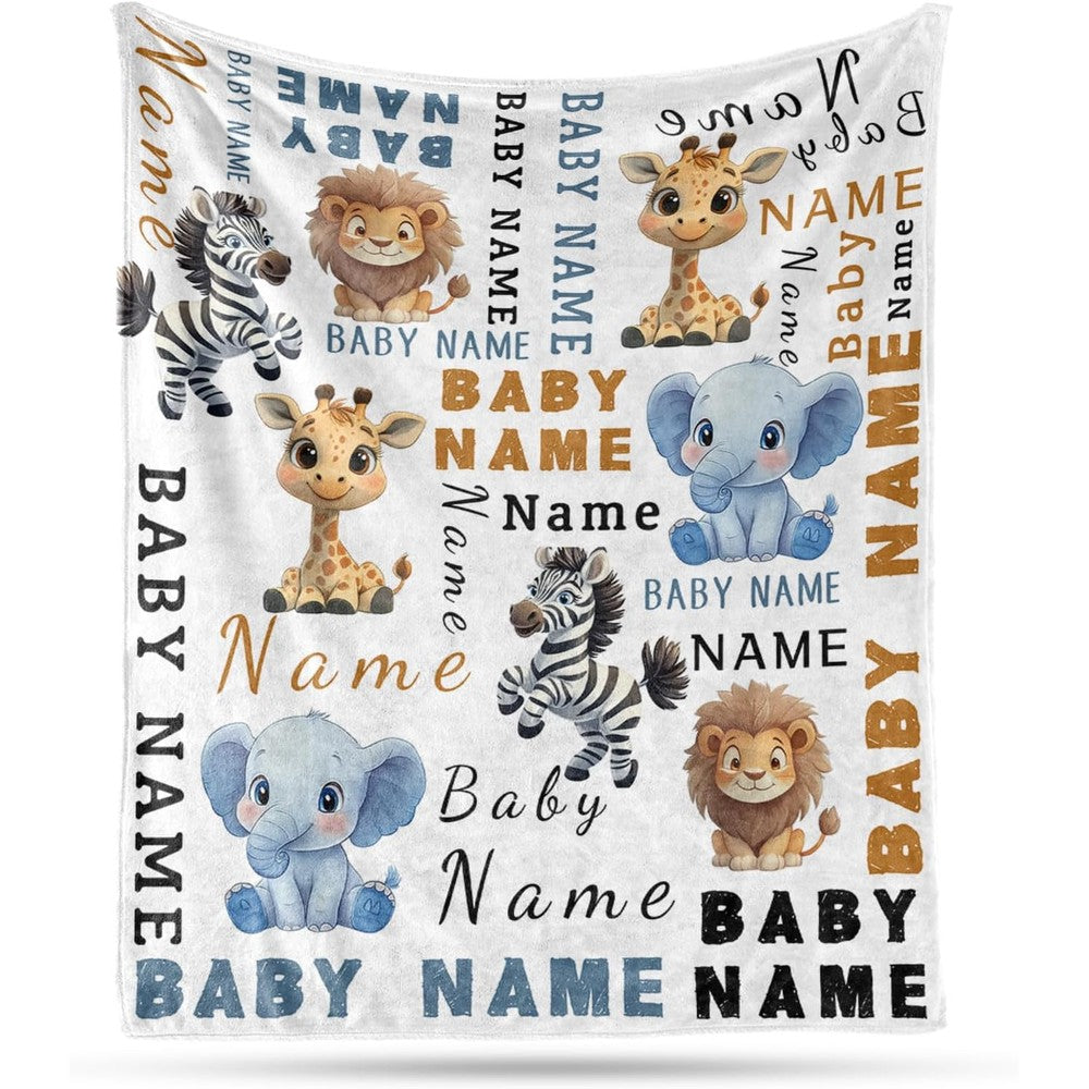 Kybkworm Custom Name Baby Blanket front view showing jungle animal print