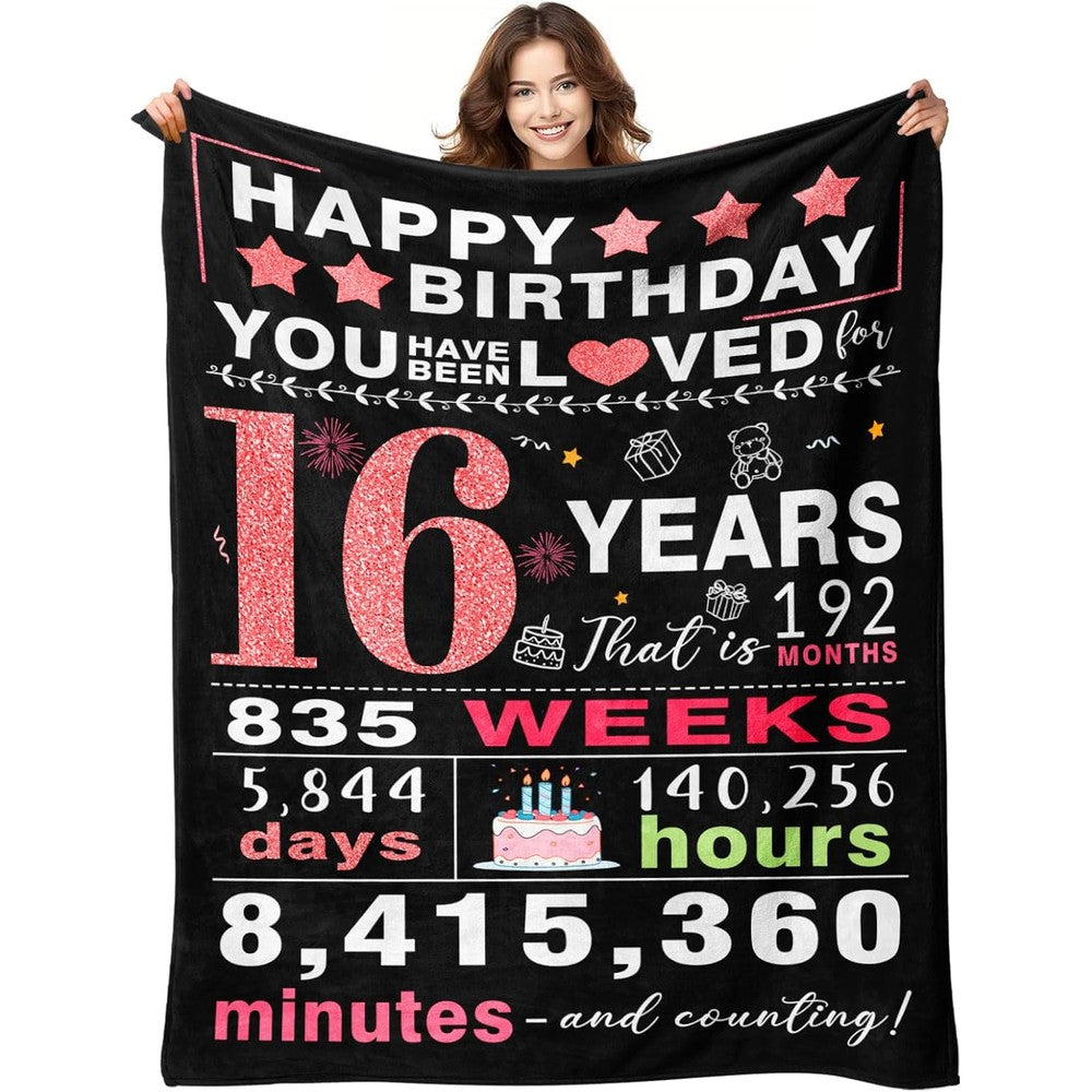 YPURTSD Sweet 16 flannel throw blanket front view showing pink and white milestone birthday text