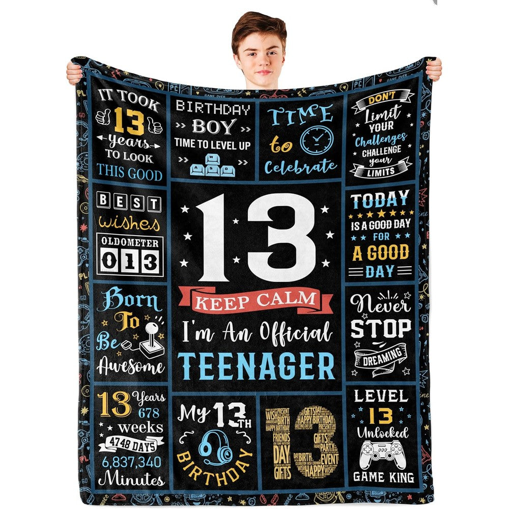 Turelos 13th birthday throw blanket front view featuring black official teenager and gaming controller graphics.